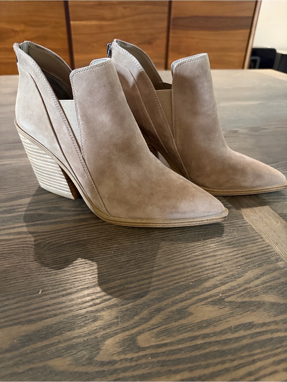 Vince Camuto Taupe Suede Pointed-Toe Ankle Booties